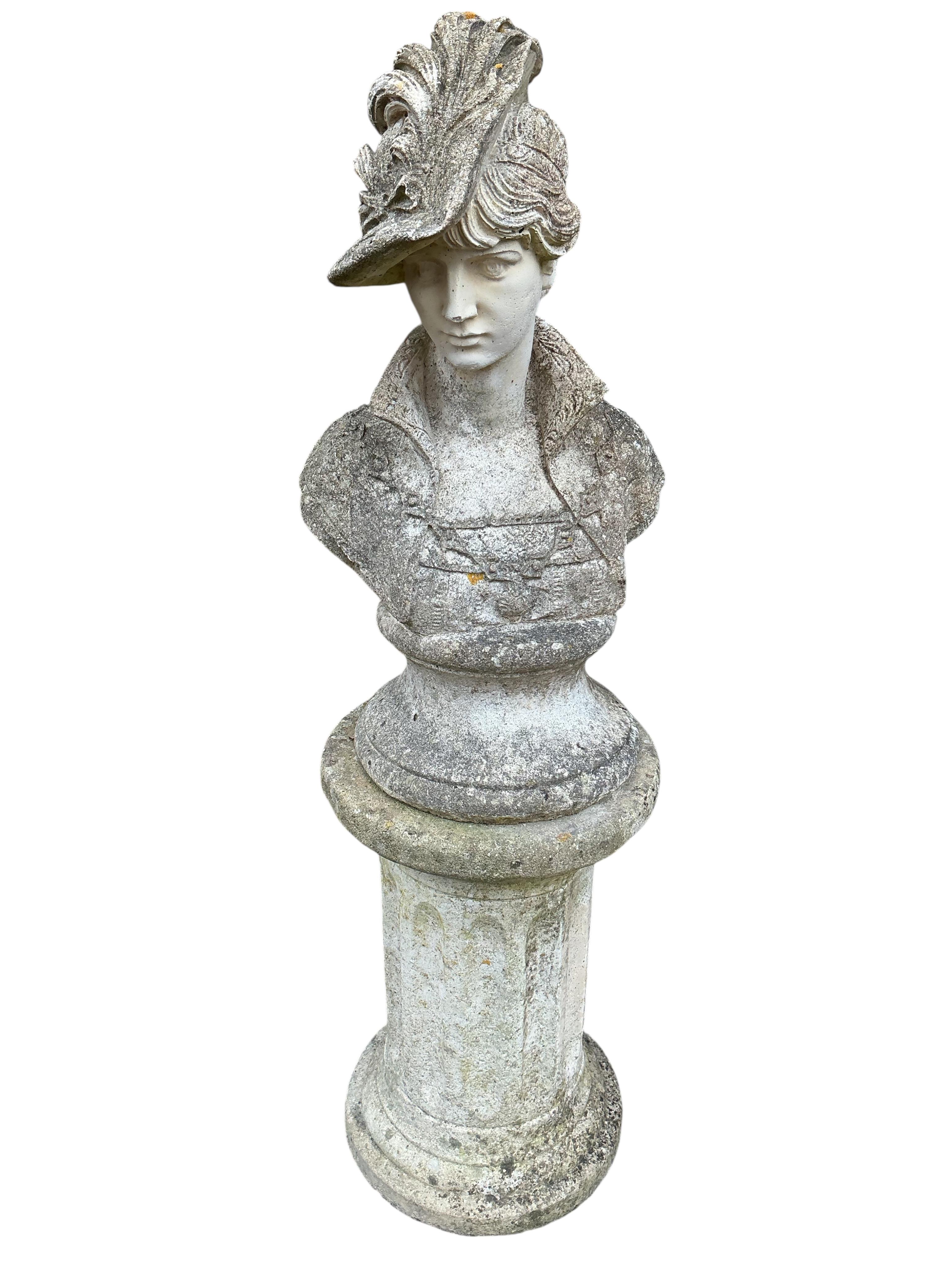 Two reconstituted stone female bust garden ornaments on fluted pillars, larger height 86cm